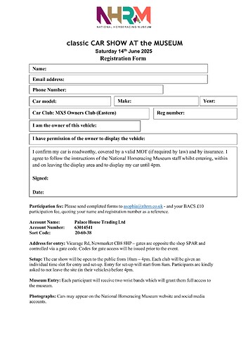 Classic Car Show at the Museum - NHRM 14 June 2025 Registration FORM.