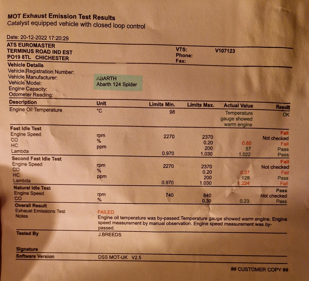 Emissions MOT Fail Wrong Values Engine, Transmission, Exhaust etc