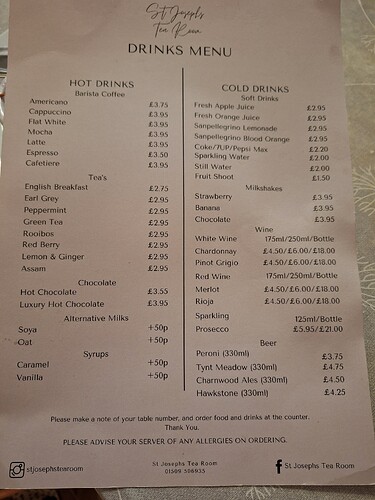 St Joseph's drinks menu