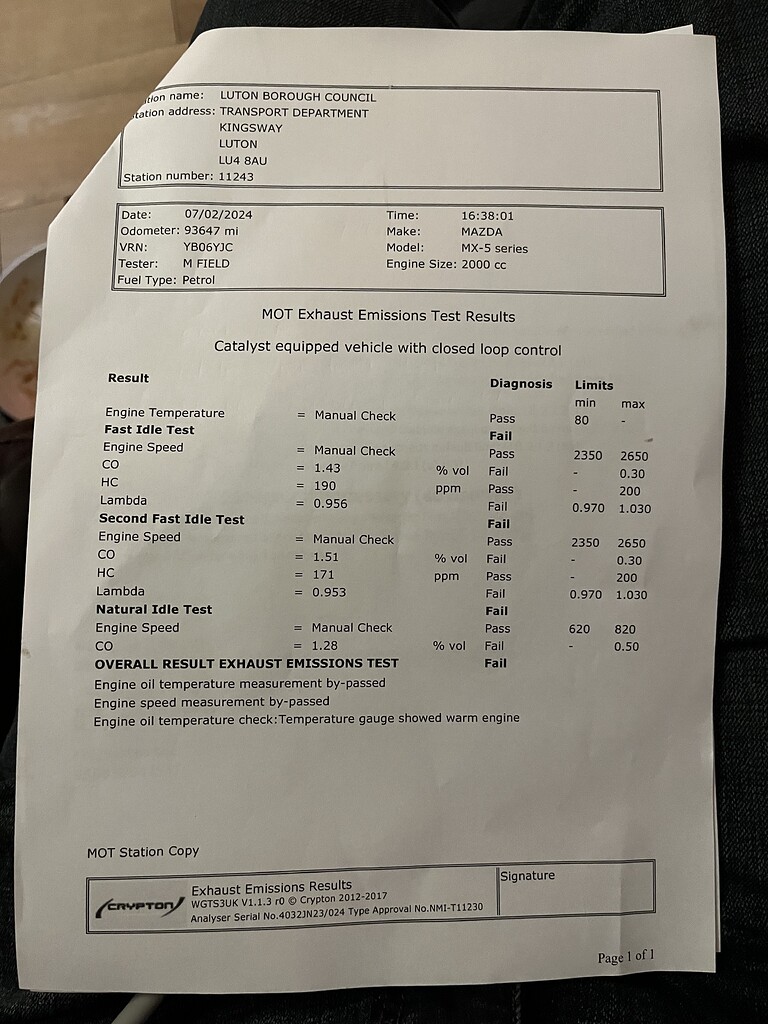 Mot emissions failure Engine, Transmission, Exhaust etc MX5 Owners