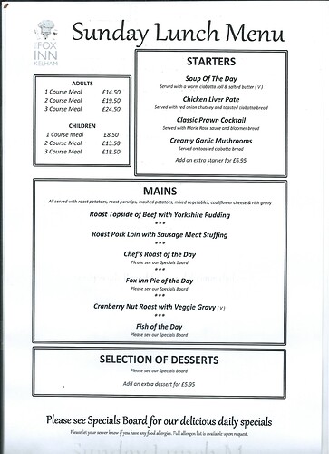 Fox Inn Sunday Lunch Menu from 22-06-2022