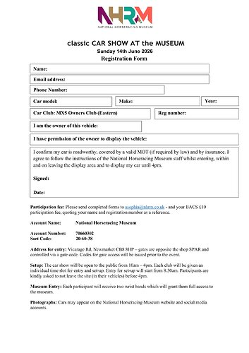 Classic Car Show at the Museum - NHRM Sunday 14th June 2026 - Registration FORM Jpeg