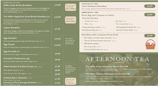 Hilliers Breakfast Menu