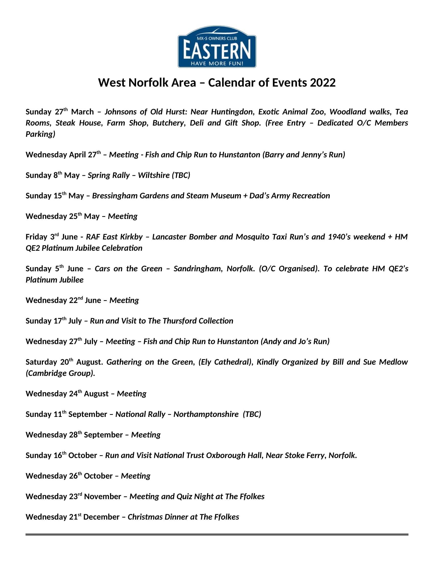 Eastern Region West Norfolk Calendar of Events 2022 Eastern MX